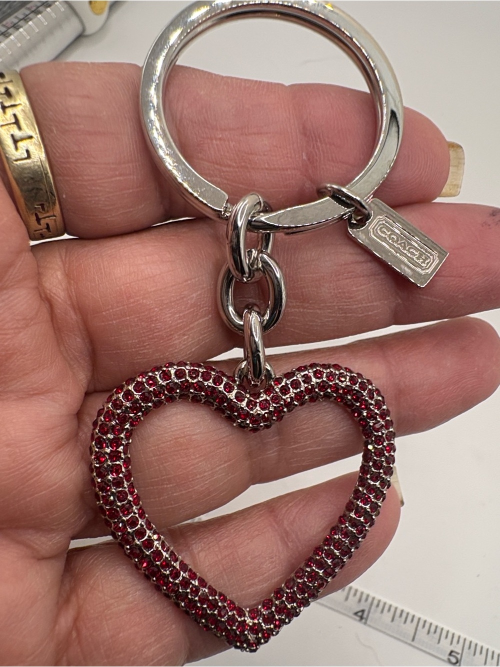 Coach Silver-Tone Keychain with Red Crystal Heart Charm
